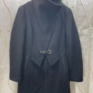 Soia & Kyo Wool Blend Asymmetrical Wrap‎ Coat Womens Small Black Good Buckle Zip